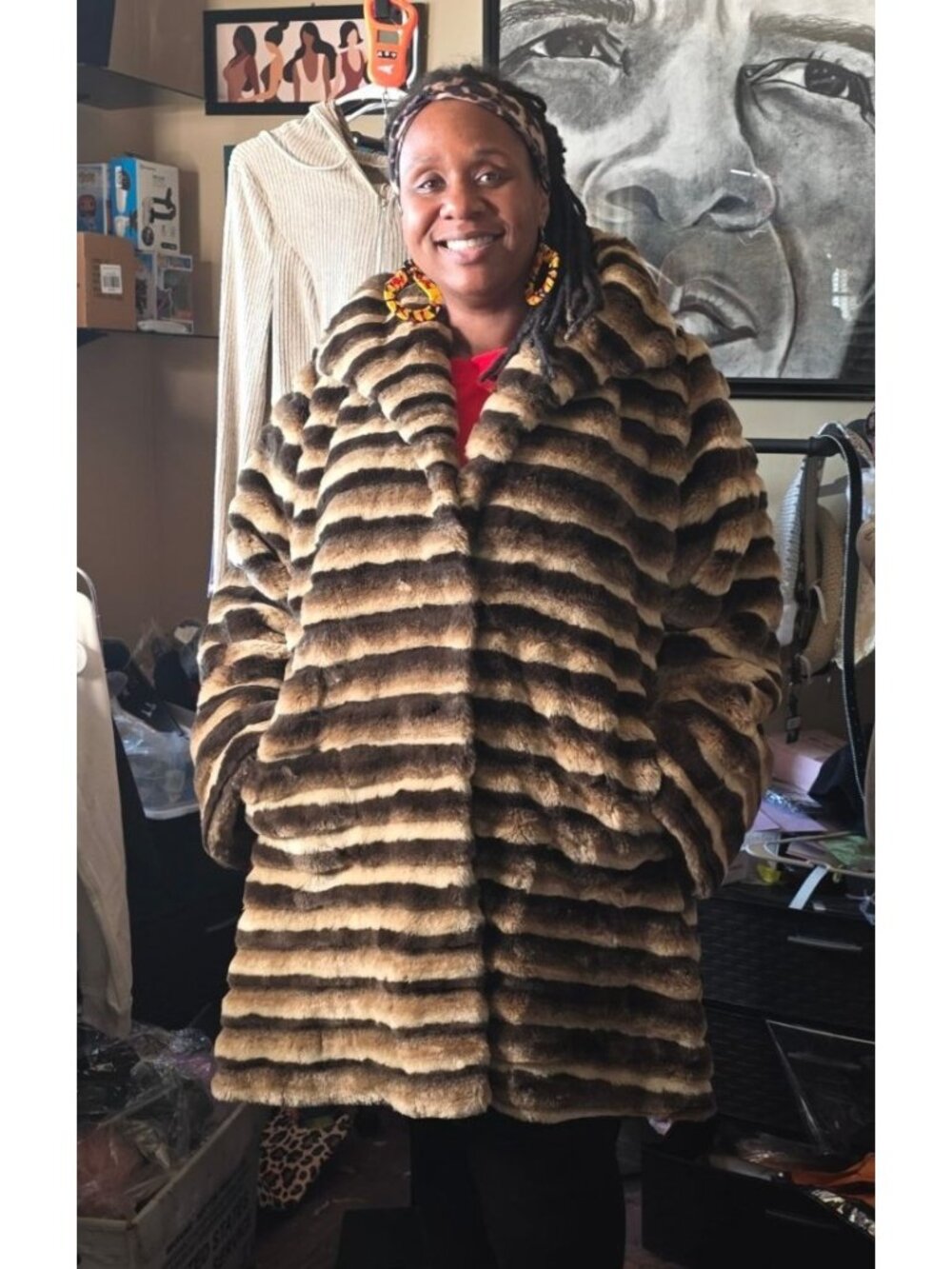 Vintage Striped Faux Fur Coat By Olympia Limited Inc Size 2X Brown & Beige With